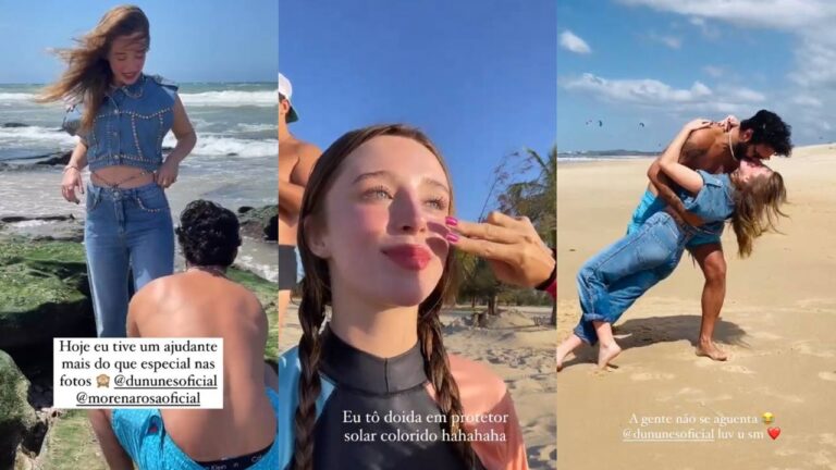 Com ajuda do namorado, Duda Reis realiza ensaio em praia cearense