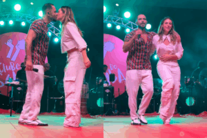 Paolla Oliveira sobe ao palco e troca beijo com Diogo Nogueira durante show