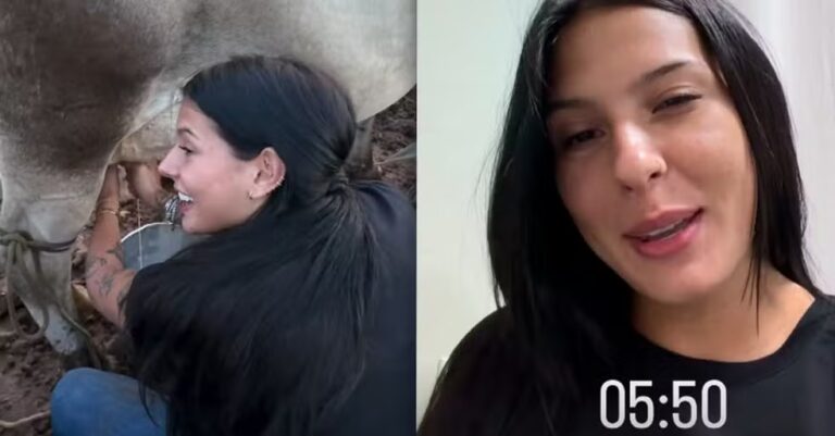 Ana Castela acorda cedo para ordenhar vacas na fazenda do ex-sogro